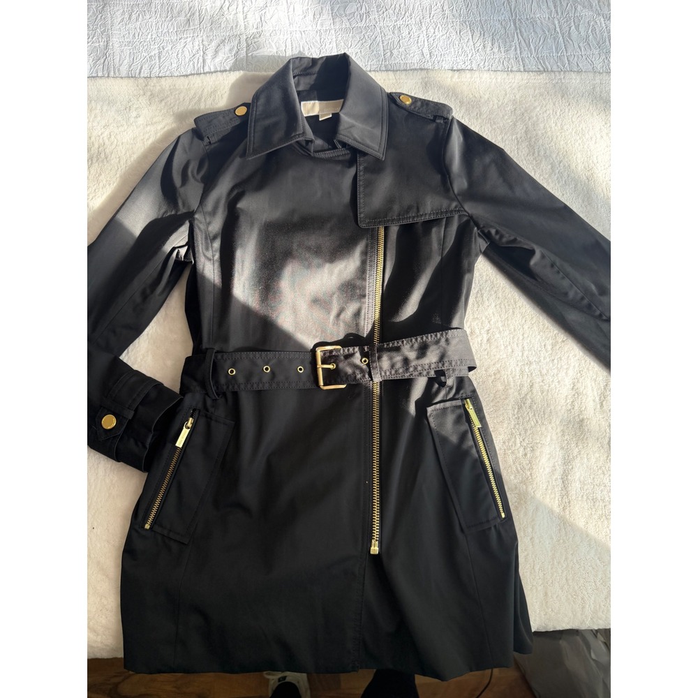 Michael Kors Womens Black Asymmetrical Zip Belted Trench Coat Gold Hardware Sz M